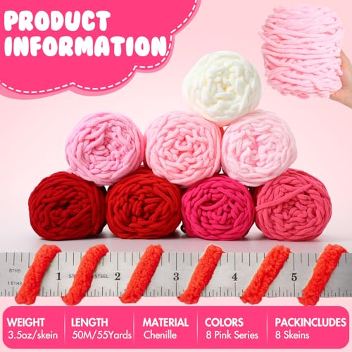 Image of Buryeah 8 Pack Chunky Chenille Yarn for Crocheting Soft Thick Fluffy Yarn for Hand Knitting Bulky Velvet Blanket Plush for Weaving DIY Crafts Each 3.5 oz 55 Yards (Pink Series)