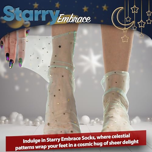 Magic Mint Frost: Women Sheer Slouch Tulle Socks | Shiny Glitter Novelty Decorated Loose Socks with Stars & Moon - Ankle High 1 Pair (US sizes 5-8)4