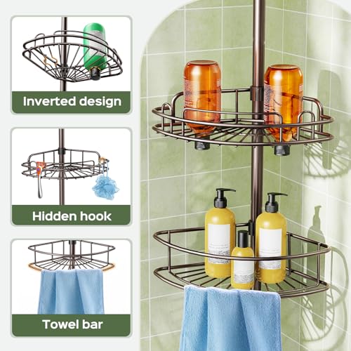 Image of HAMITOR Corner Bathroom Organizer, 4-Tier Tension Pole Shower Caddy, Bronze | Rust-Resistant Adjustable Shelves, No-Drill Quick Install, Space-Saving Bathtub Storage For Renters, Families 47.7-123.7In