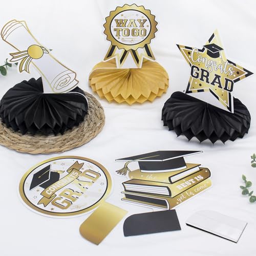 Image of Graduation Party Decorations Class of 2025 Honeycomb Centerpieces Congrats Grad Black Gold Table Toppers(9 PCS)