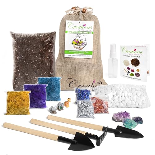 Creations by Nathalie – Plant Terrarium Kit, DIY Terrarium Kit for Kids & Adults - Air Terrarium Starter Kit W/Soil, Moss, Pebbles, Terrarium Tools, Amethyst Gem, Crystal Chips - Handmade in The USA