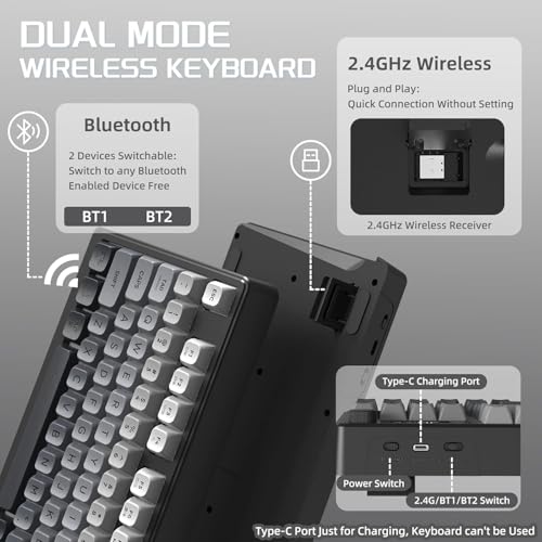 Image of FREEWOLF M96 Wireless Gaming Keyboard Creamy Membrane with Rainbow Backlight,Media Knob,LCD Screen,Dual Mode-Bluetooth /2.4Ghz,Ball Shape PBT Keycap 94 Key ANSI Layout for Win Mac PC Gamer(Moonlight)