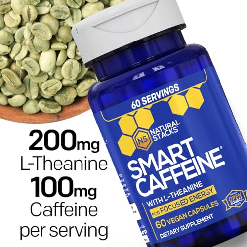 Image of NATURAL STACKS Smart Caffeine Pills - 100mg Caffeine + 200mg L-Theanine Supplement - Supports Energy and Focus - No Jitters and No Crash - 60 Capsules