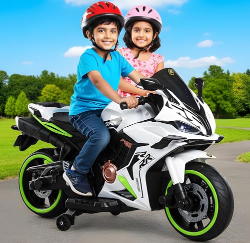 Image of Wishmaster Fully Assembled Double Seater Ride-On Bike for Kids 2-10 Years with LED Lights, Bluetooth Music, Realistic Sounds, Hand Accelerator, Foot Brake & 6 Months Motor Warranty