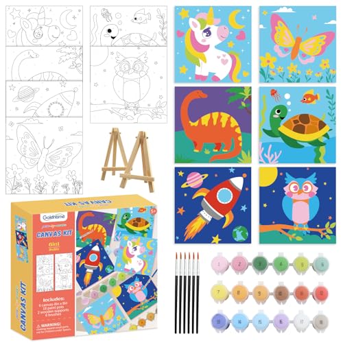 goldentime 6 Pack 8x8inch Paint by Numbers Kit for Kids Predrawn Canvas for Painting with Unicorn Butterfly & More Includes 18 Acrylic Paints 6 Brushes & Easels Easy Art Supplies for Kids 4-8-12