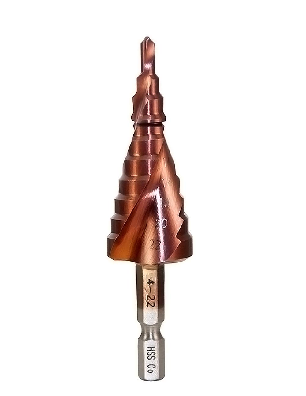 Mengshen Drill 4-22mm, M35 HSS-Co Step Bit Spiral Groove Hex Shank Multi-functional Drilling Tool HSS Cobalt Counterbore Hole Cutter Cutting Enlarge Metal Sheet PCV Sheet Woodworking