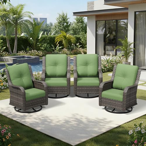 Image of Joyside 4 Piece Outdoor Swivel Rocker Patio Chairs, Wicker Patio Furniture with High Back, Deep Seating, Wide Armrest, Thickened Cushions, Outdoor Rattan Furniture for Deck, Porch Use