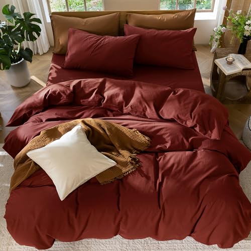 Image of MooMee Duvet Cover Set 100% Washed Cotton Linen Like Full | Relaxed Linen-like Texture. Soft, Breathable & Long-lasting Comfort. Lightweight. Hidden Zipper with 8 Interior Corner Ties