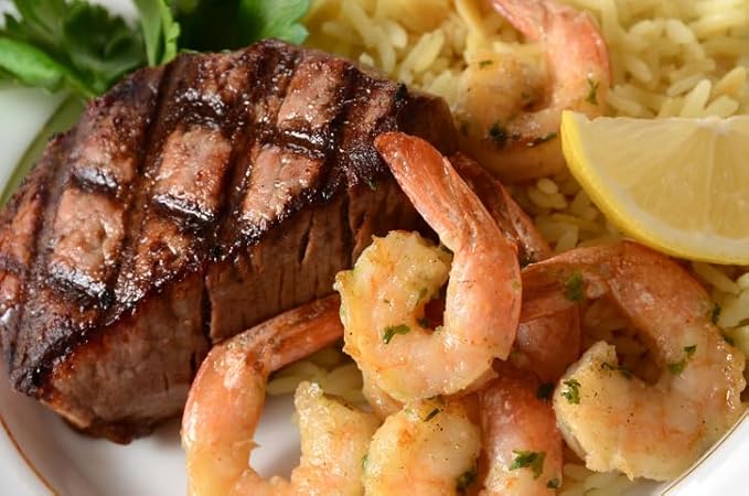 New York Steak & Seafood Set of Frozen Fillet Mignon and Jumbo Shrimps - USDA Choice Angus Filet Mignon of 6 oz Each and 1 lb Jumbo Shrimp (2) 6oz. Filet Mignons and 1 lb. Jumbo Shrimp