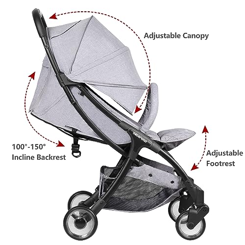 Beberoad Love R2 Small Travel Stroller Compact Strollers Foldable Lightweight Baby Stroller for Airplane, Infant with Adjustable Backrest, Cup Holder and Waterproof Canopy, Gray - Image 3