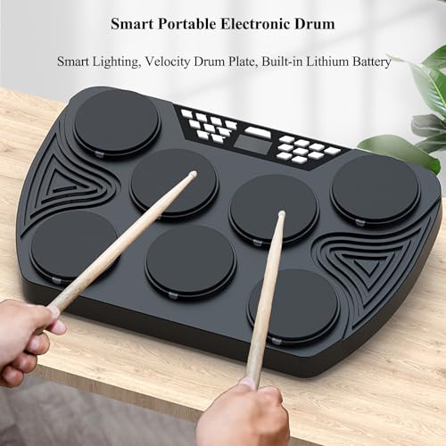 Kit de batería electrónica con 7 almohadillas sensibles a la velocidad, altavoces estéreo integrados e iluminación inteligente para principiantes