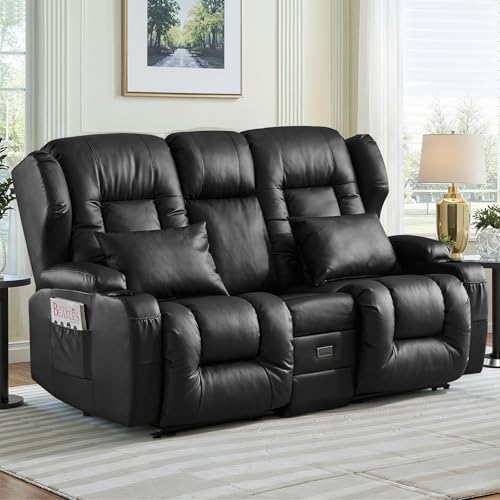 Image of Loveseat Recliner Sofa,RV Wall Hugger Recliners for Small Spaces,Reclining Loveseat Sofa Recliner with Cup Holders /Lumbar Pillows,RV Furniture (PU Black, Loveseat with Flip-up Console)