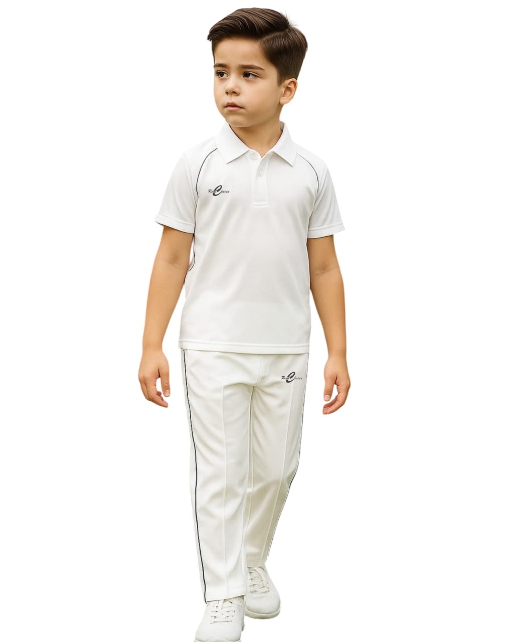 Unisex Kids White Cricket Jersey & Trouser Set – Breathable Polyester with DARK GREY Piping