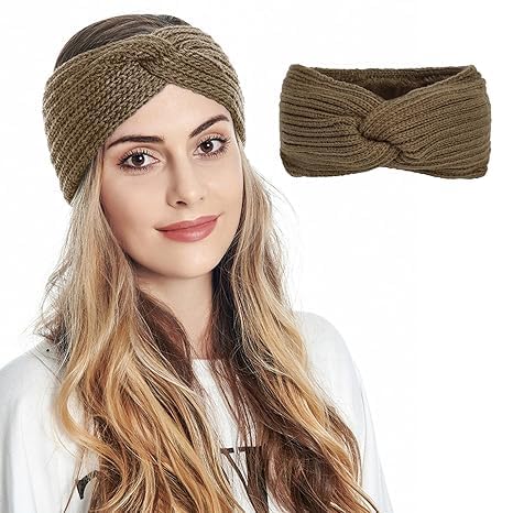 devil Winter Knit Crochet Turban Headband for Women Warm Bulky Crocheted Headwrap Ear Warmer Winter Accessories (Khaki)-picture-7