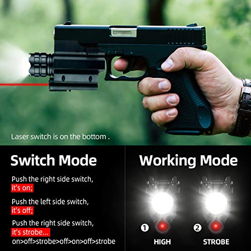COSMOING Rail Mounted Pistol Red Laser Light Combo (Laser Sight Combo) & 600 Lumen Strobe Pistol Flashlight Rail Mount Gun Flashlight with Quick Release for Pistols Handguns,Gun Light,Pistol,Rifles