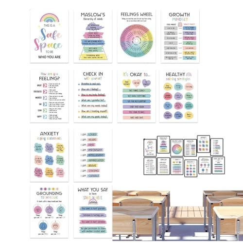 Póster psiquiátrico de enfermería, póster psicólogo escolar | Tablero de anuncios para la salud mental - 12 x Inspirational Crecimiento mental Juego de tablón de anuncios para el aula