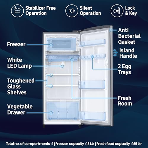 Image of Samsung 183 L, 3 Star, Digital Inverter, Direct-Cool Single Door Refrigerator (RR20H1Y23S8 /HL, Silver, Elegant Inox, Single Touch Defrost, 2026 Model)