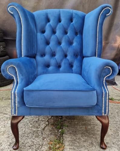 Casa Padrino Luxus Chesterfield Ohrensessel Blau/Dunkelbraun 98 x 90 x H. 110 cm - Chesterfield Samt Sessel - Wohnzimmer Möbel - Chesterfield Möbel - Luxus Möbel