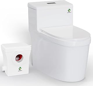SUPERFLO Upflush Toilet for Basement One-piece Macerating Toilet System with AC Vent & 600W Macerator Pump | Rear Discharge Toilet Bowl with 3 Water Inlets For Shower, Laundry, Sink