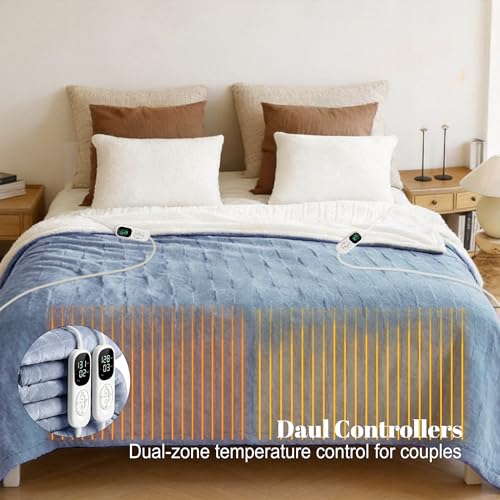Image of IUUI Heated Blanket Electric King Dual Controller- 90x100 Inches Soft Flannel Heating Blanket,Fast Heating Blanket 6 Heating Levels & 2 Hours Auto Off ETL Certification(Ashley Blue, King 90 inch x 100 inch)
