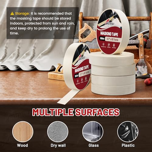 Image of RED WOLF 6 Pack Masking Tape 0.7 inch x 60 Yards, General Purpose for Painting Arts Crafts Label Car Painting, Sharp Paint Line No Residue Painters Tape White Beige Crepe Paper Tape Heat Resistance