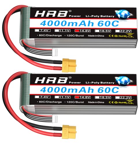 HRB 4S 4000mAh Lipo Battery XT60 60C 14.8V RC Lipo Battery Compatible with RC Car RC Airplane RC Truck RC Boat (2pcs)