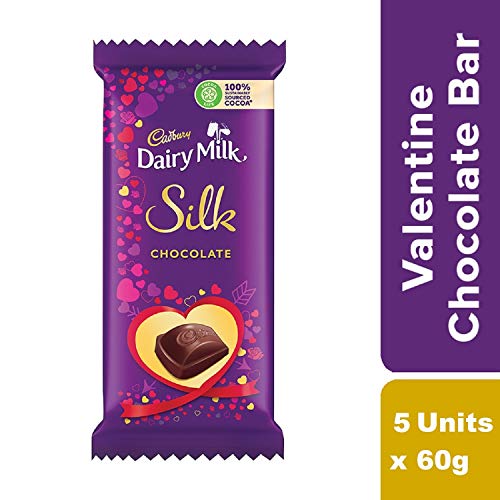 Image of Cadbury Dairy Milk Silk Roasted Almonds Chocolate Bar, 143g (Pack of 3) & Cadbury Dairy Milk Silk Valentine Chocolate Bar, 5 x 60 g