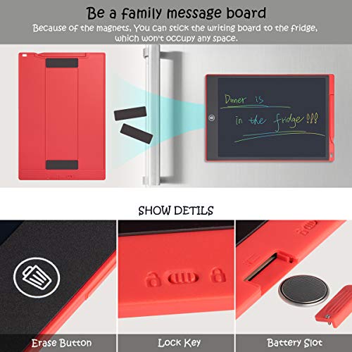 LCD Writing Tablet Drawing Pad, Colorful Screen Doodle Board for Kids, Traveling Gift Toys for 2 3 4 5 6 Year Old Boys and Girls (12 inch, Red)