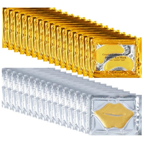 Blopuivo 32 pares de máscaras de ojos para labios, 24 quilates, parche de colágeno debajo de los ojos para ojeras e hinchazón, reduce las arrugas de los labios, previene grietas y elim