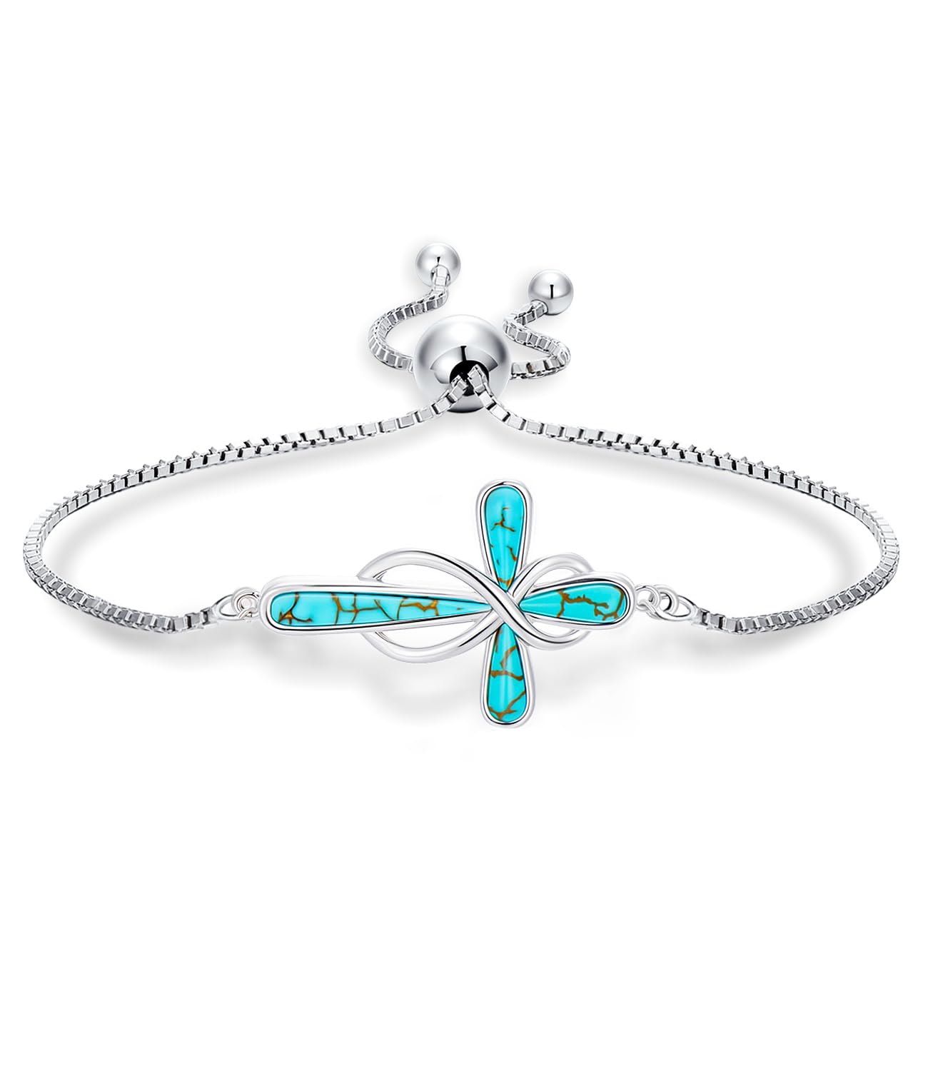 Braccialetto da donna in vero argento Sterling 925 con ciondolo a forma di croce turchese, regolabile, verde con gemma naturale, per moglie e mamma
