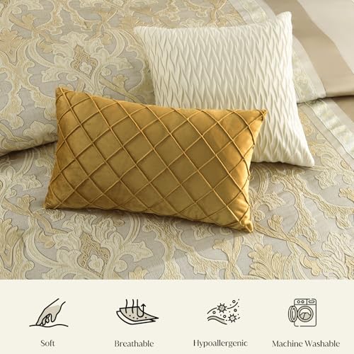 Image of CozyDH Comforter Set King Size, Champagne Gold Beige - Luxury 7 Piece Bed in a Bag Jacquard Damask Vintage Floral, All Season Down Alternative Bedding with Bed Skirt, Shams, Decor Pillows, 104x90 in