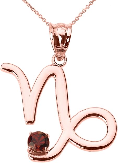 Personalized 14k Rose Gold Genuine Garnet January Birthstone Capricorn Zodiac Pendant Necklace