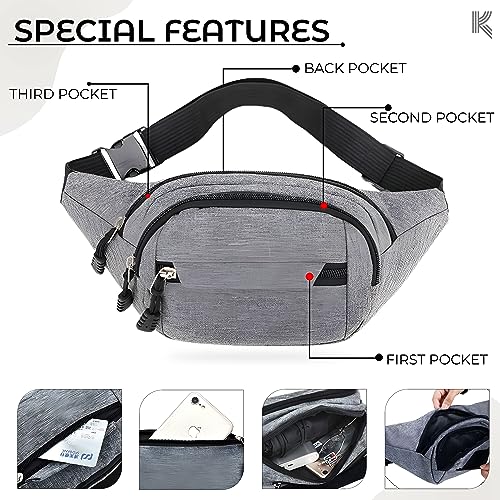 Image of Kraptick Cross-Body Waist Bag - Waterproof Waist Bag for Travel, Running & Hiking, Multi-Functional Waist Pouch for Men & Women, Lightweight Outdoor Waist Belt (Grey)