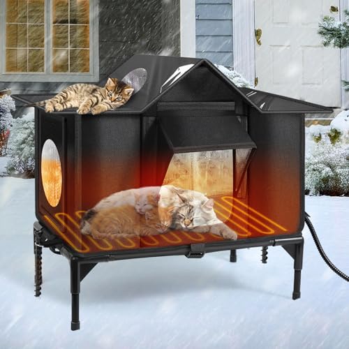 Heated Outdoor Cat House Weatherproof with Heating Pad, Insulated Feral