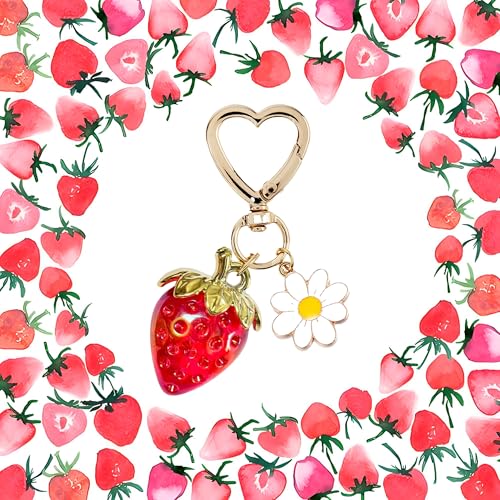 Cute Strawberry Keychain for Girls,Kawaii Heart Flower Daisy Key Chain Accessories,Bag Charms, Heart Keychains Decor for Purse Backpack（Red）3