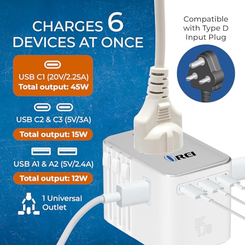 Image of OREI 25Watt Universal Travel Adapter | 2 (USB C) 1 (USB A) 4-in-1 Universal Power Adapter | | Type C, A, G, I Compatible | Universal Chargers for All Devices Compatible 150+ Countries