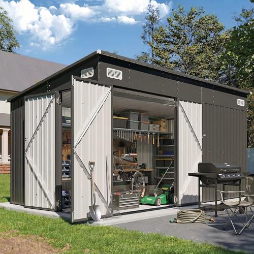 Breezestival 8x12 Outdoor Shed Lean to Storage Sheds with Triple Doors Utility Galvanized Steel Sheds for Vertical Storage Dual Lock Metal Shed with Sloped Roof for Mower Bike Garden Tools (Black)