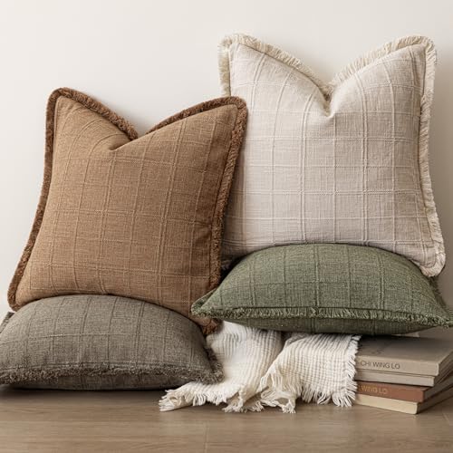 Image of Foindtower Set of 2 Decorative Linen Check Fringe Throw Pillow Covers Farmhouse Vintage Cushion Covers Modern Boho Home Decor for Sofa Chair Couch Bedroom Living Room Outdoor,24x24 Inch,Brick Red