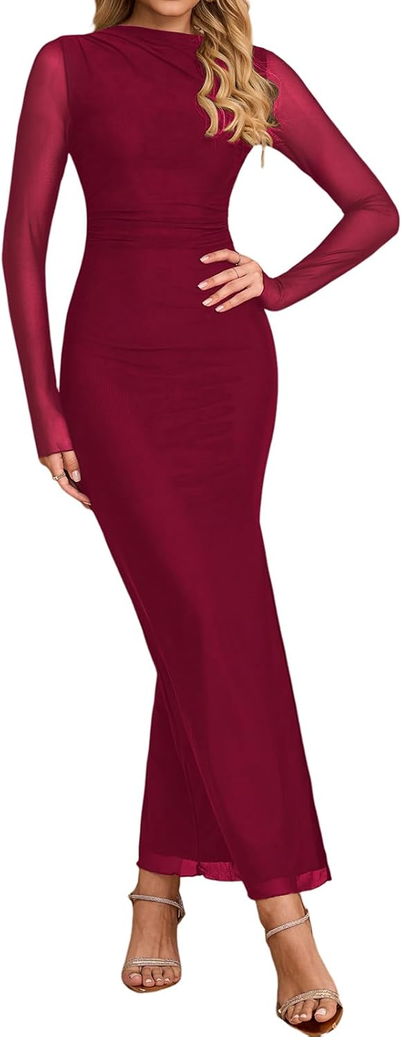 XinFSh Women's Spring Long Sleeve Wedding Guest Maxi Dress Mesh Ruched Bodycon Formal Cocktail Dresses