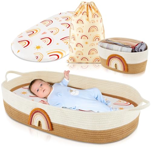 Image of Ziliny Baby Changing Basket Set Baby Diaper Moses Basket Foam Diaper Changing Pad Dressing Table Diaper Changing Cover Storage Bag, Rainbow