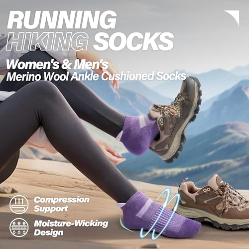 Image of 6 Pairs Merino Wool Ankle Running Hiking Socks Compression Support Breathable Thick Cushion No Show Socks for Women Men
