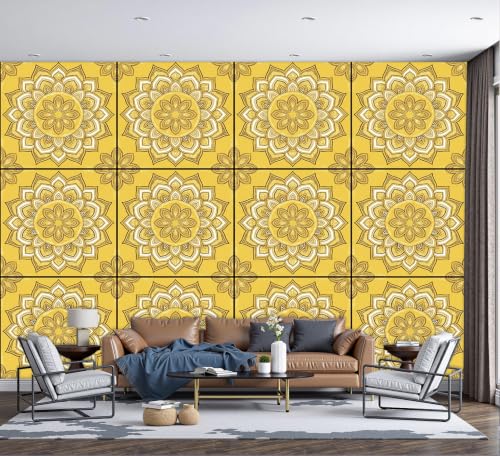 Mural de pared mandala amarillo de fácil colocación para tapar imperfecciones 2