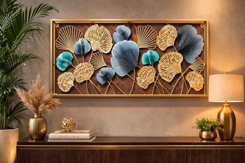 Image of F-RIQA METAL Luxury Metal Leaf Wall Art (20 x 40 Inch) - Gold & Blue Floral Wall Hanging Decor for Living Room, Bedroom & Office