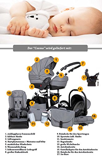 17 teiliges Qualitäts-Kinderwagenset - Reisesystem 4 in 1"COSMO": Kinderwagen + Buggy + Autokindersitz + Iso Base + Schwenkräder - Mega-Ausstattung - Farbe (C-48) CREME-BEIGE-MOCCA