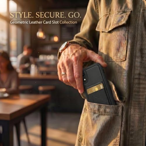Image of amazon basics Premium Vegan Leather Back Cover with Card Holder and Integrated Mobile Stand for iPhone XR - Slim Shockproof Wallet Case with Geometric Stitching [Black]