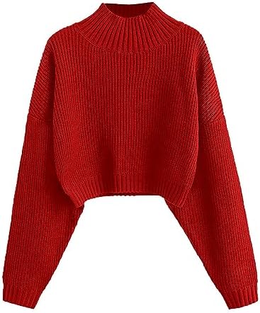 ZAFUL Women's Cropped Turtleneck Sweater Lantern Sleeve Ribbed Kn...