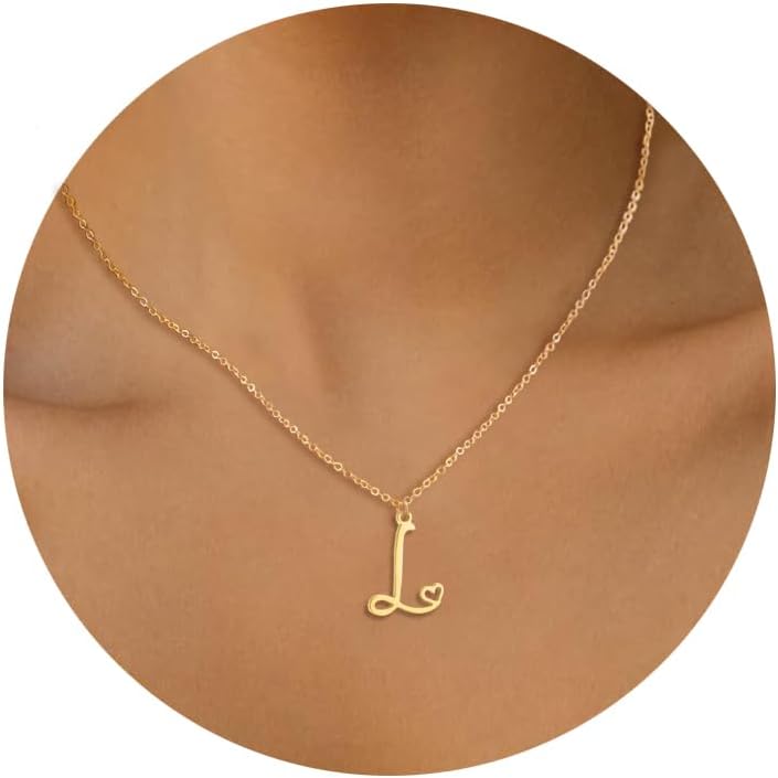 Initial Necklace for Women,14K Gold Dainty A-Z Letter Pendant with Heart Choker Necklace Jewelery Gifts,Personalized Cursive Cute Tiny Initial Pendant Necklace for Girls