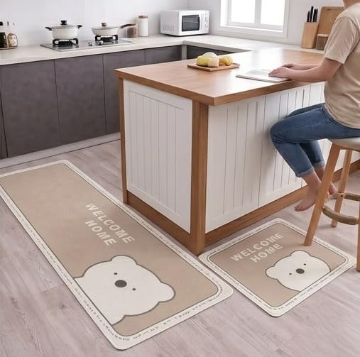 Image of HomeCloud Kitchen Rectangular Mat: Premium Anti-Slip, Soft, Washable, Designer Printed Mat for Floors, Kitchens, and Rooms - (6mm Thick, 41x122 cm and 41x61cm) (Welcome Home Beige)