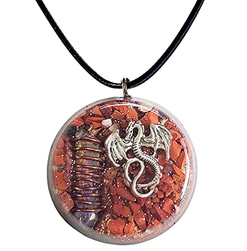 Hubbering Dragon Red Jasper With Copper Coil Quartz Crystal Orgonite Disk Reiki Pendant With Shungite - Orgone Necklace EMF Neutralizer Disc Unique