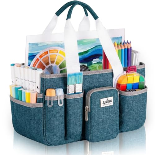 Image of JJRING Craft Organizer Tote Bag, Portable Art Caddy with Adjustable Divider&Secure Zipper Pocket, Large Foldable Storage Tote for Scrapbooking, Sewing, Artist and Home(Green)